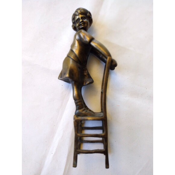 Set of Two (2) Doorstops 11" Girls Standing On Chair Bronze Statues - Picture 10 of 16
